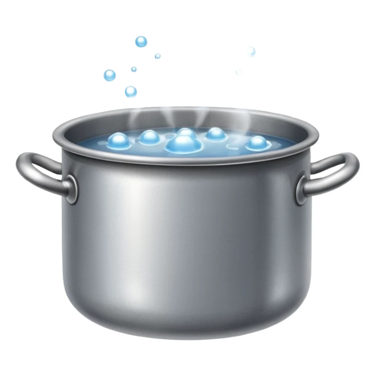 small metal pot filled with boiling water on a stove, visible hot steam and rising bubbles, realistic heat effect, shiny pot surface, bright lighting, clean white background sticker