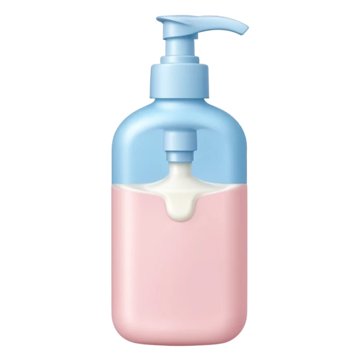 soft plastic bottle with rounded edges and a flip-top or pump cap, filled with creamy white lotion, gentle ergonomic shape, pastel-toned white pale blue or soft pink, no label, no baby, no extras, closed bottle, apple emoji style, soft lighting, subtle shadows, transparent background, emoji scale sticker
