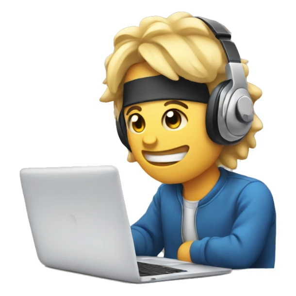 2d emoji working on laptop with headphones sticker