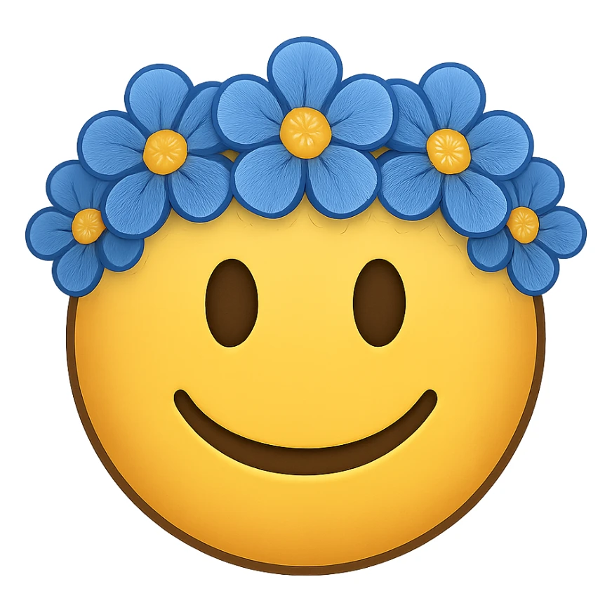 yellow face with blue flower crown emoji, digital illustration, remove background sticker