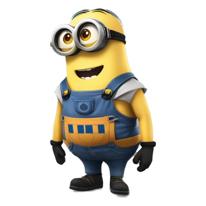A giant minion character from Despicable Me, towering over a cityscape. The minion is wearing its signature blue overalls and goggles, with a mischievous grin on its face. sticker