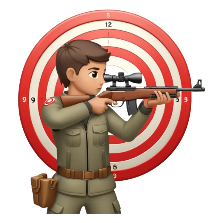 A focused shooter aiming a rifle at a target, standing in a shooting range with perfect posture. The target is in clear view, and the atmosphere is intense and precise, emphasizing concentration, accuracy, and discipline in the sport of shooting. sticker