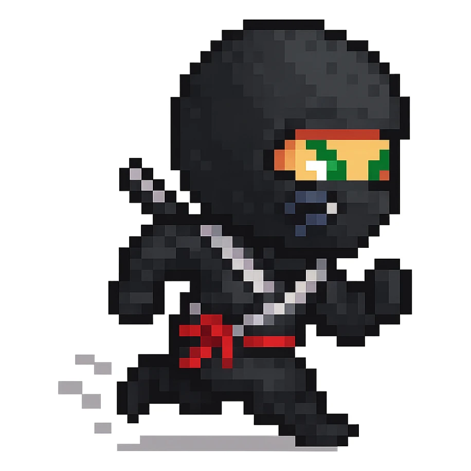 masked ninja with running animation in the style of pixel art sticker