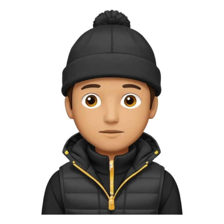 A guy in a hat, black hoodie, and a puffer vest sticker