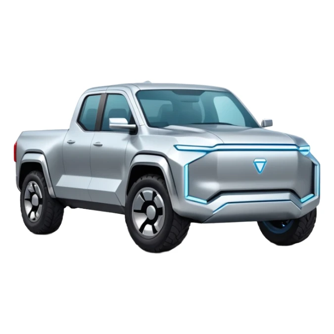 A futuristic electric pickup truck emoji, silver chrome body, angular cyber design, smooth metallic panels, subtle reflections, minimalistic proportions, iOS emoji style, centered composition, clean white background, soft lighting sticker