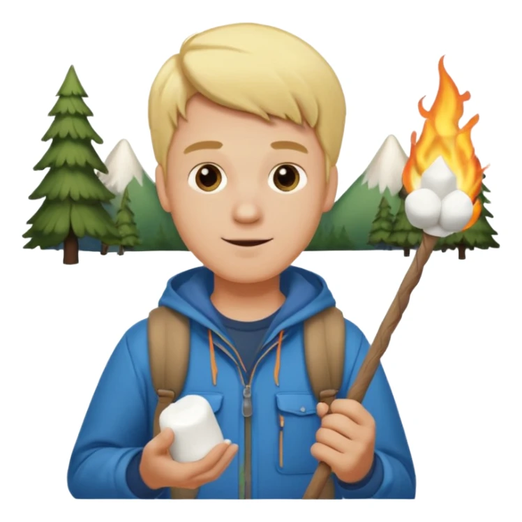 bşonde male with camping clothes holding marshmallow stick sticker