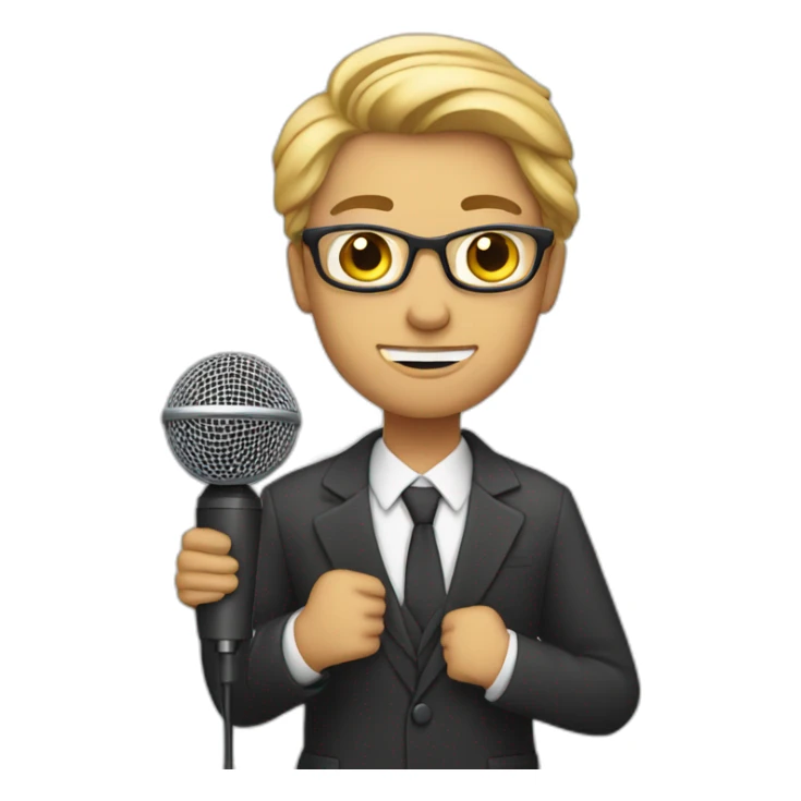 white journalist standing confidently while holding a microphone. The journalist should be in professional attire sticker
