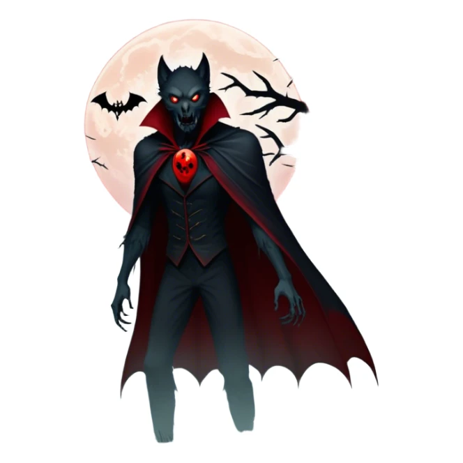 Icon for Horror Movies: A chilling collage with a monstrous werewolf or vampire, dark silhouettes, eerie graveyards, and creepy elements like spiders and tombstones. Ghostly fog surrounds, with a blood-red moon in the sky. The atmosphere is unsettling, eerie, and haunting. Transparent background. sticker