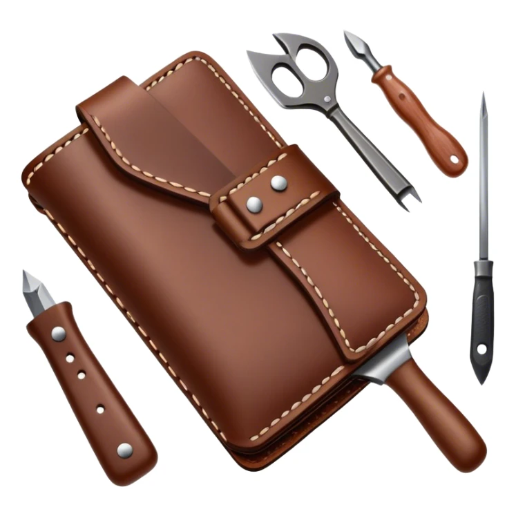 Leatherworking icon, piece of raw leather being crafted into a leather wallet or belt, professional tools like leather stitching awl, edge beveler, hammer, prying tool, minimalistic style, clean lines, transparent background. sticker