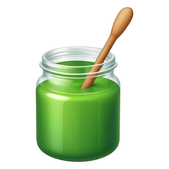 A small open plastic jar of vibrant green wax, wooden stick inside sticker