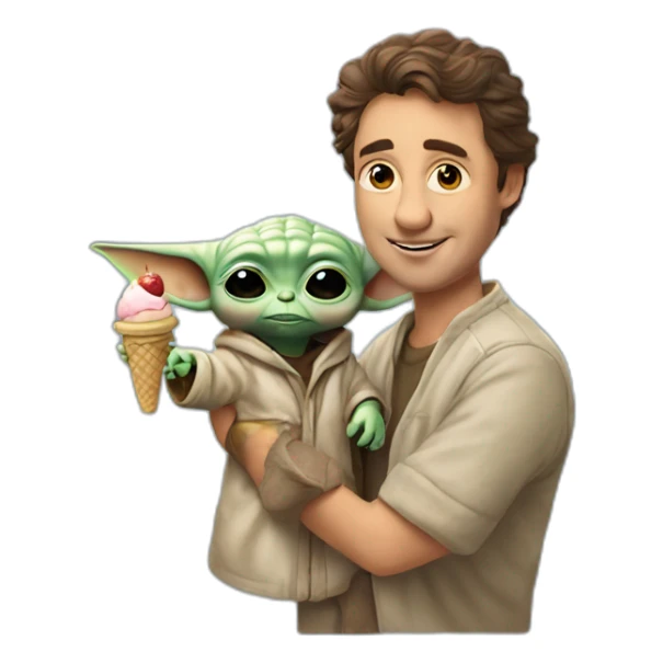 Rick Ashley with a baby yoda in hes hand and a ice Cream  sticker