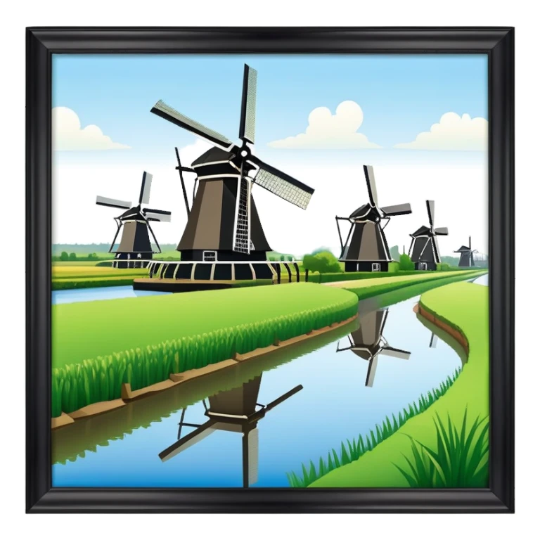 cinematic-realistic-kinderdijk-windmills-landmark-emoji,-showcasing-traditional-dutch-windmills-aligned-along-a-tranquil-canal,-with-lush-green-fields in a picture frame sticker