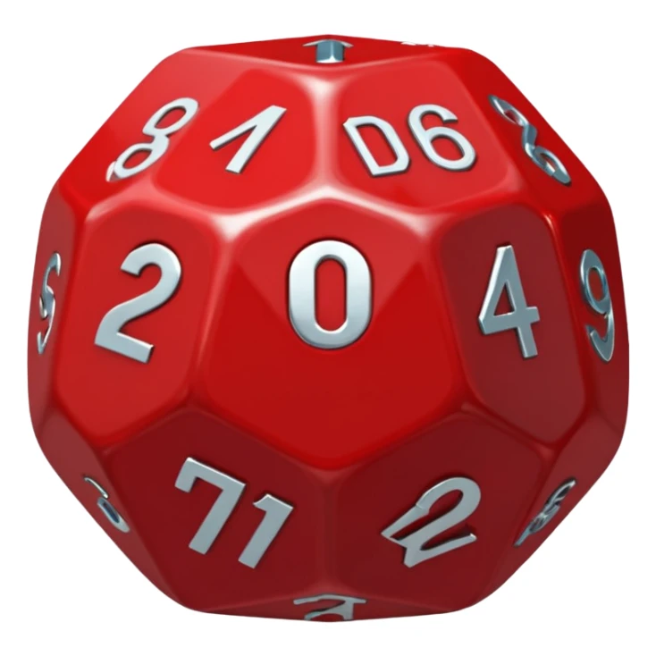 Make an emoji of a red d20 die with silver lining and numbers. It should look like the one from stranger things sticker
