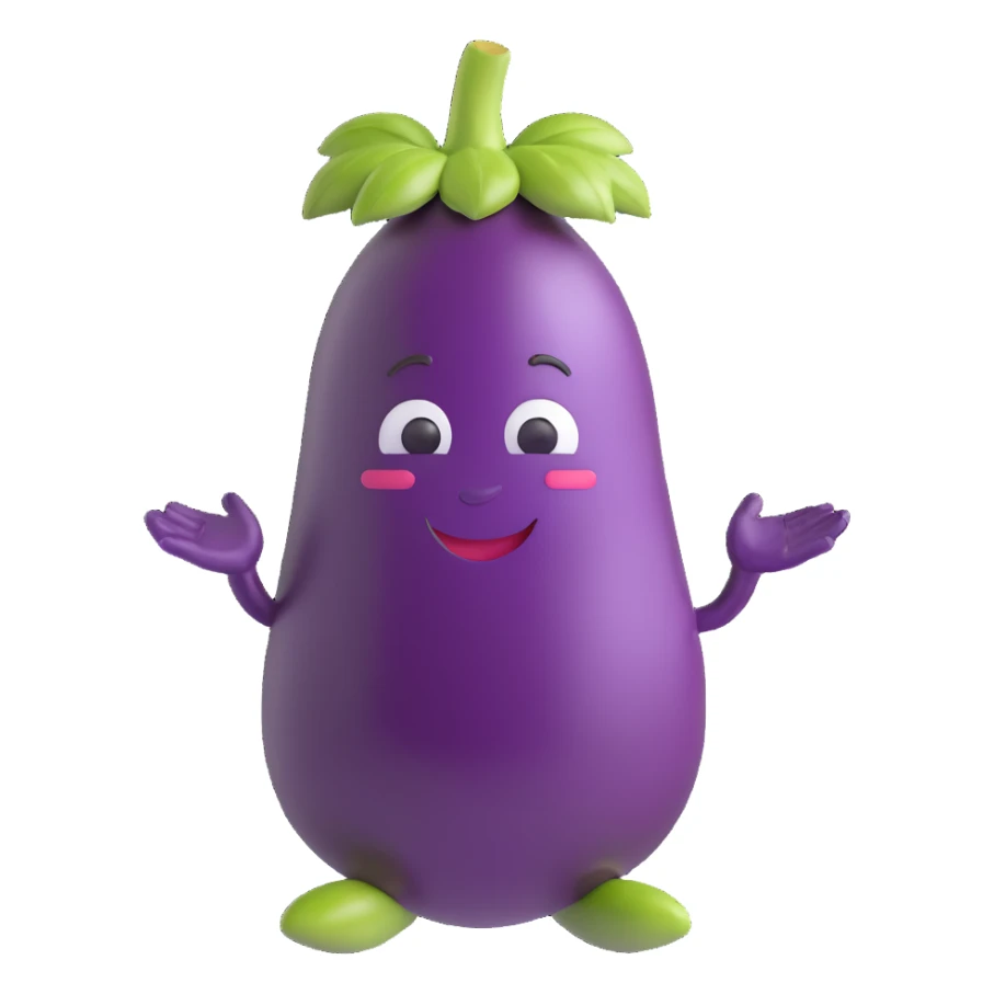 eggplant character with limbs, smiling, emoji style sticker