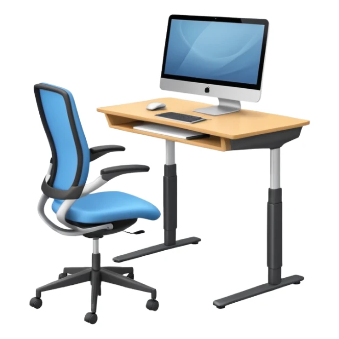 3D minimal icon of a height-adjustable motion desk with a modern ergonomic office chair, featuring a subtle accent in #FF3D00. Clean, high-end, and modern style. sticker