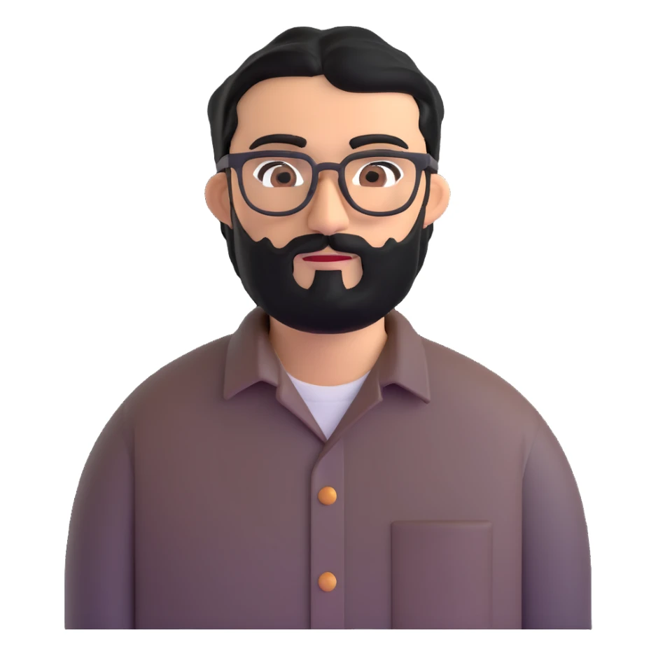 man with medium black beard, black hair, connected unibrow, olive tan skin, brown eyes, glasses, prominent long nose, wearing casual business attire like a button-up shirt without tie sticker