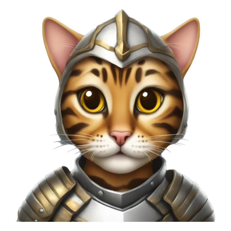 Bengal cat wearing a shiny armor holding a sord sticker