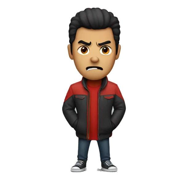 angry red man with short black hair and a red jacket sticker
