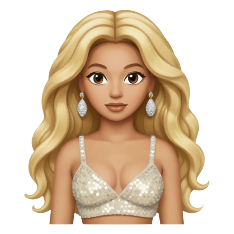 Beyonce with long blonde hair, ivory sequin crop top, ivory earring sticker