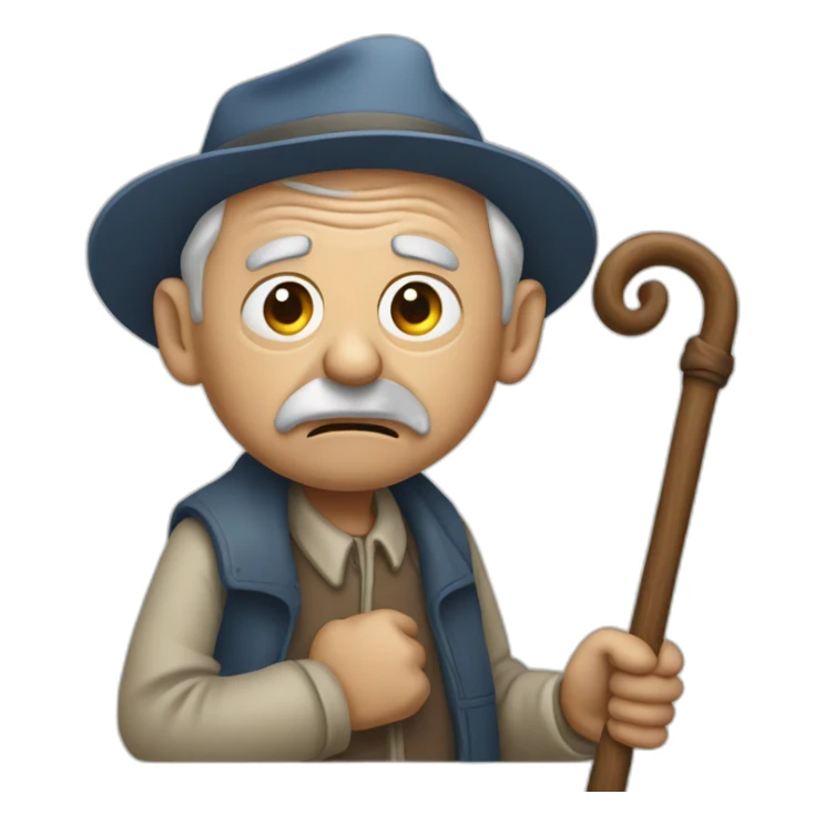 Old man leaning on a walking cane and holding his crancky back with his hand, grumpy face, detailed sticker