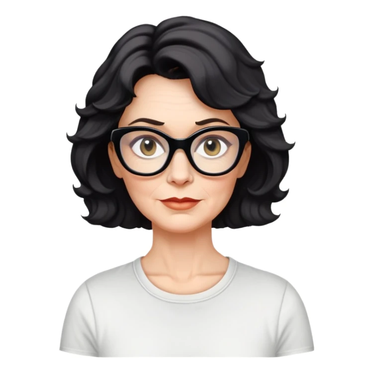 white woman about 50 years old with light warm skin, wavy black neck-length 80s short hair, neutral determined expression, large black shiny butterfly or cat-eye glasses, white casual t-shirt sticker