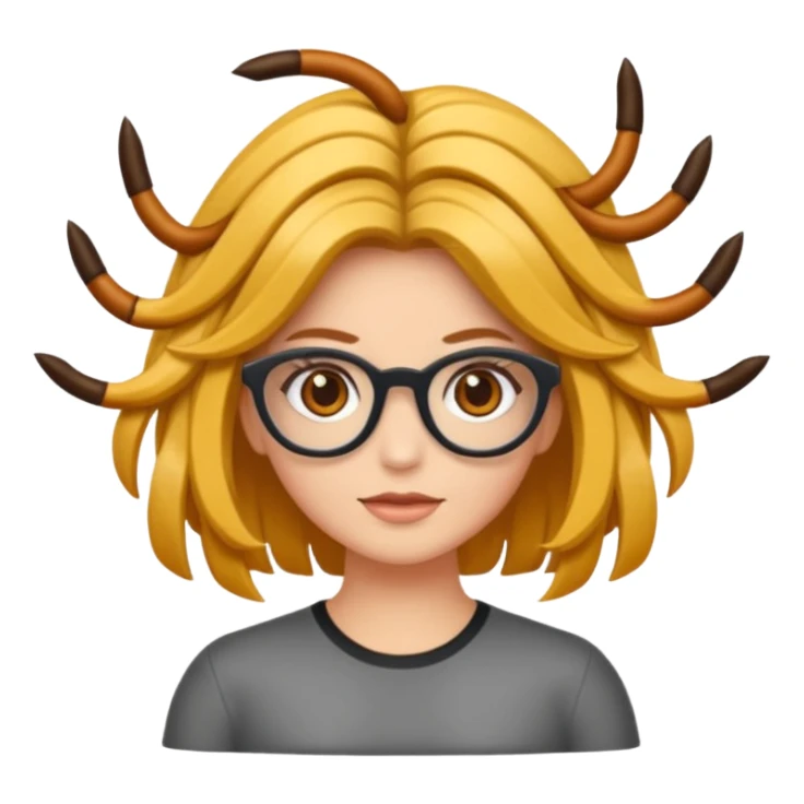 Uma garota de cabelos encaracolados compridos e mechas bem loiras, com pele morena  e óculos sticker