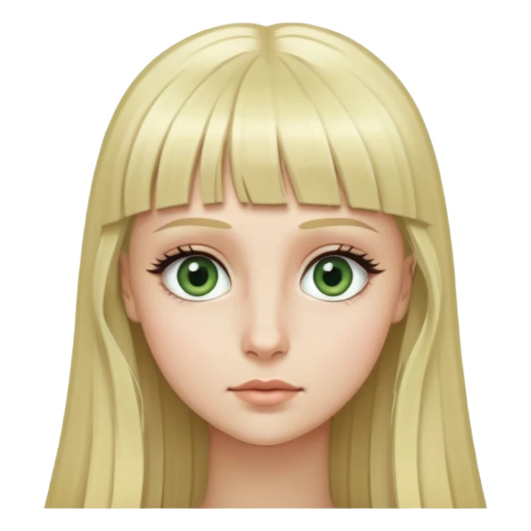 Girl with long blonde hair, micro bangs, no eyebrows, grey green eyes, and long eyelashes sticker