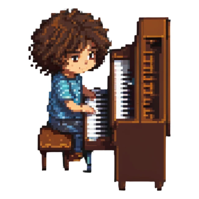 a kid with curly hair and brown eyes playing piano, pixel art style sticker