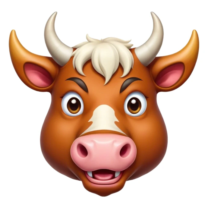 Cinematic Comical Domestic Ox Portrait Emoji, Head tilted dramatically with an exaggeratedly amused expression, featuring a striking, glossy hide with boldly curved horns and wide, expressive eyes brimming with playful disbelief, Simplified yet hilariously expressive features, highly detailed, glowing with a slightly sassy earthy glow, high shine, dramatic yet playful, stylized with an air of cheeky rural mischief, soft glowing outline, capturing the essence of a spirited and over-the-top ox that looks ready to charge its way into internet fame instantly! sticker