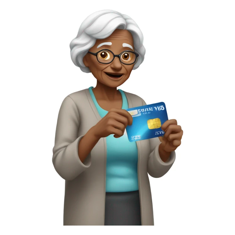 Old woman with a credit card sticker