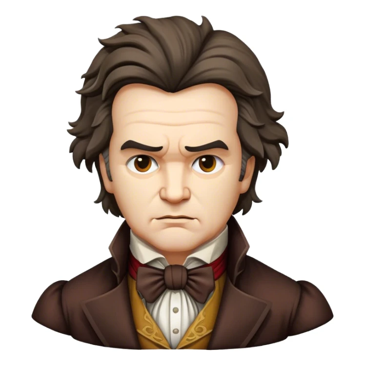 Cinematic Realistic Beethoven Portrait Emoji, depicted as a passionate composer with intense expressive features in period attire, rendered with rich textures and dramatic moody lighting that captures the turbulent genius of his music. sticker