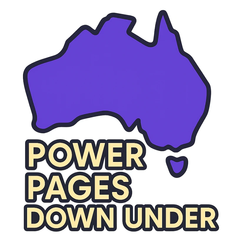 modern clean icon of Australia map with no border, text 'Power Pages Down Under' in bold geometric font, color scheme #403DAD, vibrant purple, #fff7ad, no Power Pages icon, no digital overlays sticker