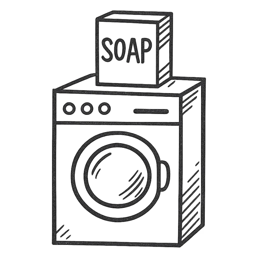 washing machine with detergent box on top, hand drawn black outline icon, no fill sticker