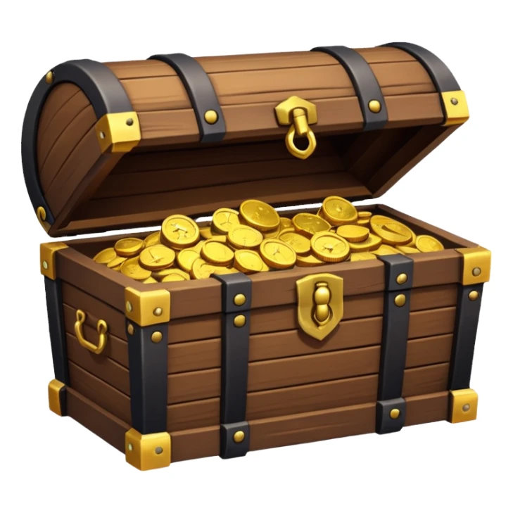 pirate treasure chest object icon, wooden chest with gold details, slightly open with coins, 3D cartoon, mobile game icon style, centered, clean background, no text, no watermark
 sticker