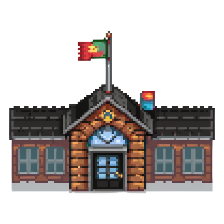 school building with classroom windows, entrance door, and flag pole sticker