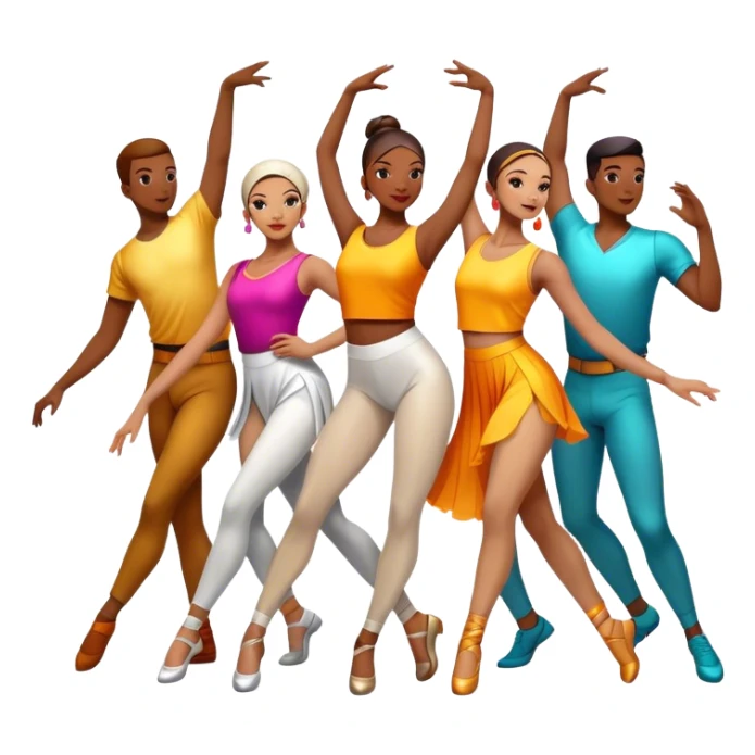 Icon for Contemporary Dance: a synchronized guys and girls group performance on stage with backup dancers in bright, modern outfits and dynamic lighting. The icon should capture the energy and coordination of a dance routine, with a focus on movement and stage presence. Transparent background. sticker