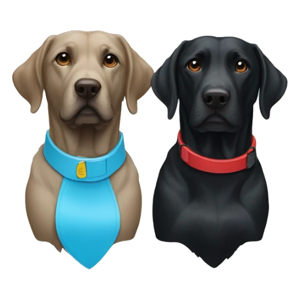 two dogs looking to the right. both black labradors, one with a red colour and the other with a light blue collar sticker