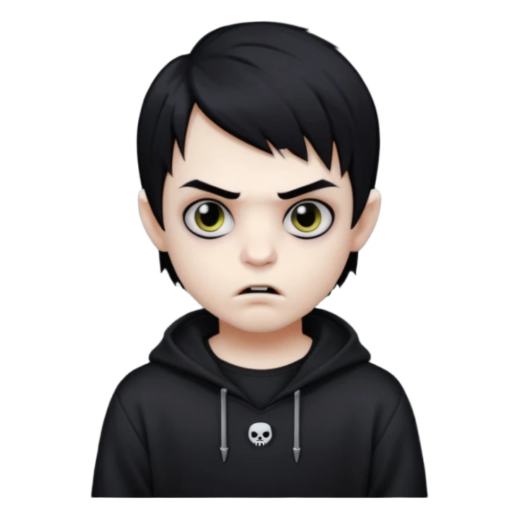 Vampire boy with the black emo hair, pale-white skin, black eyes, little fangs and dark circles under his eyes. He has serious face and he wear a black oversize sweatshot sticker