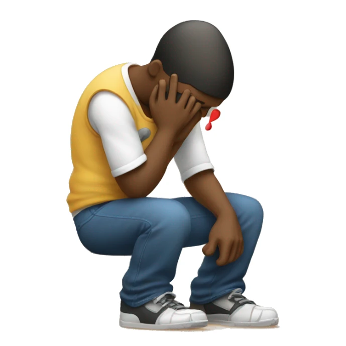 A man kneeling and crying while trying to repair his girlfriend's broken heart. The heart should be depicted as a broken emoji heart, emphasizing the emotional scene. sticker