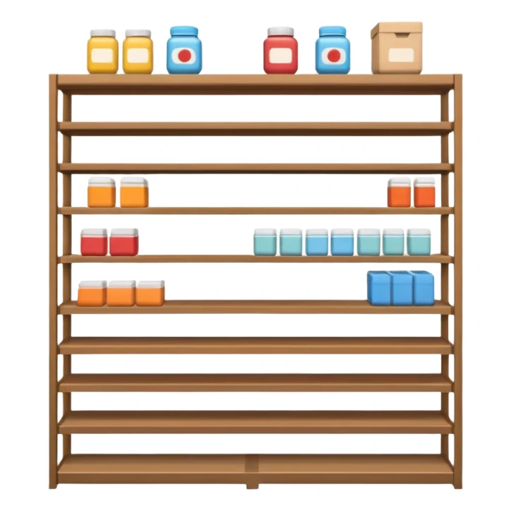 "Minimalist Japanese shelf display, products aligned identically in horizontal rows, each item repeated directly behind the other (multiple units in depth), vertically varied by type, clean spacing, precise symmetry, soft neutral lighting, front-facing packages, ultra-detailed." sticker