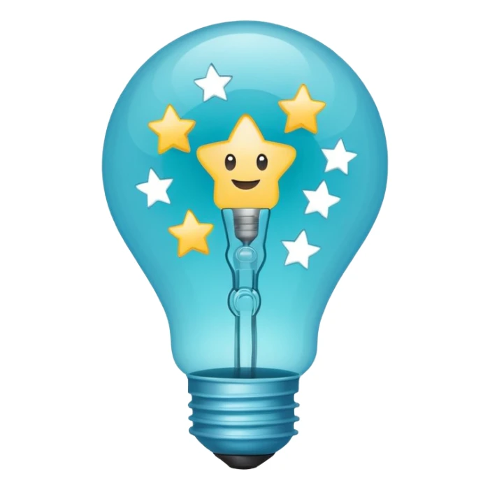 Light bulb icon with three small stars inside the bulb, flat emoji style, outline with blue and turquoise colors, white background sticker