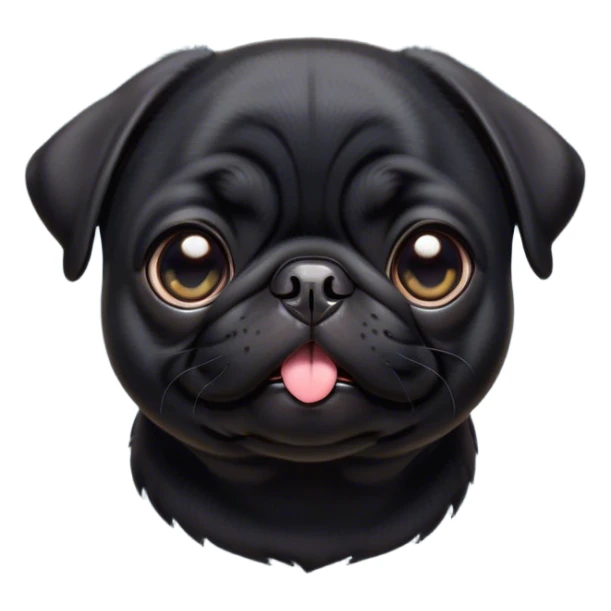 Cinematic Cute Black Pug Portrait Emoji, Head tilted playfully and inquisitively, featuring a glossy black coat with a smooth finish, round, sparkling dark eyes filled with curiosity, Simplified yet irresistibly adorable features, highly detailed, glowing with a warm, friendly glow, high shine, affectionate and lively, stylized with a touch of whimsy, bright and endearing, soft glowing outline, capturing the essence of a mischievous yet loving pup, so playful it feels like it could bounce out of the screen and into your arms! sticker