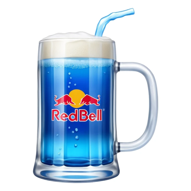 Large clear glass mug similar to beer stein with bright blue liquid inside. Put redbull drink logo on  mug. Add ridges to mug  sticker