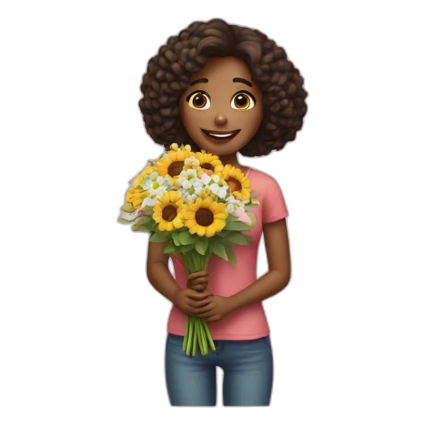 A girl is photographed with a bouquet sticker