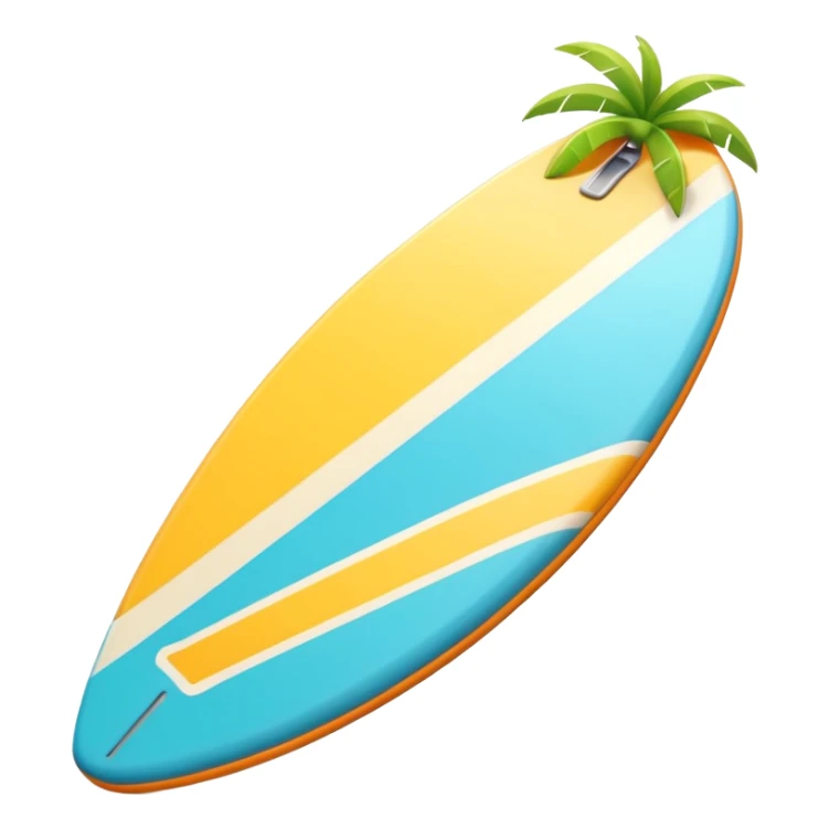 surfboard icon, tropical surfboard, glossy texture, bright colors, cute mobile game icon style, 3D cartoon, soft shadows, clean background, no text, no watermark sticker