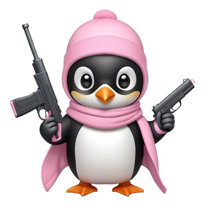 penguin wearing light pink ski mask holding a light pink gun sticker