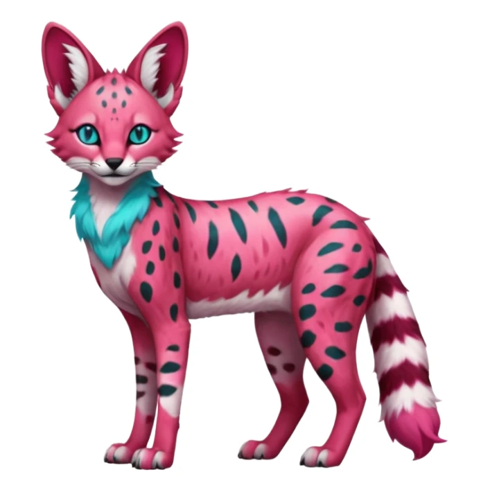 Epic complex detailed sanguine-red magenta pink white pastel realistic aesthetic-scenic-Fakémon-Trico-Sergal-Serval-Vernid-creature with cyan markings  sticker