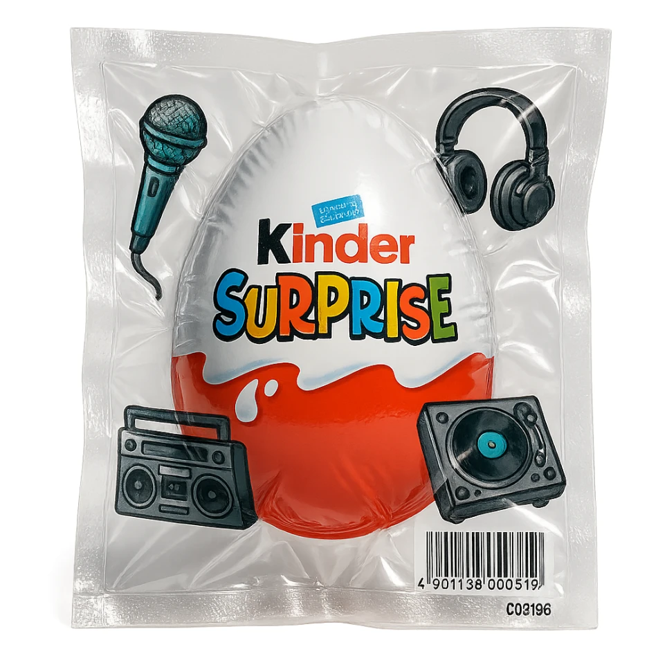 Kinder Surprise egg with standard packaging, toys including microphone, boombox, headphones, DJ setup, glossy and puffy vacuum-sealed style sticker