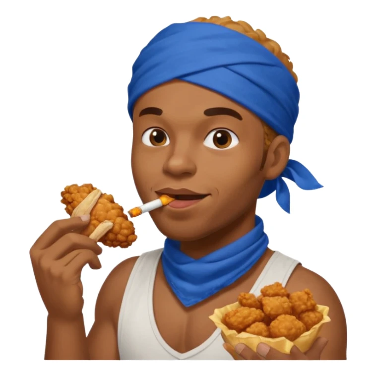 black man eating fried chicken with blue bandana and cigarette in teeth sticker