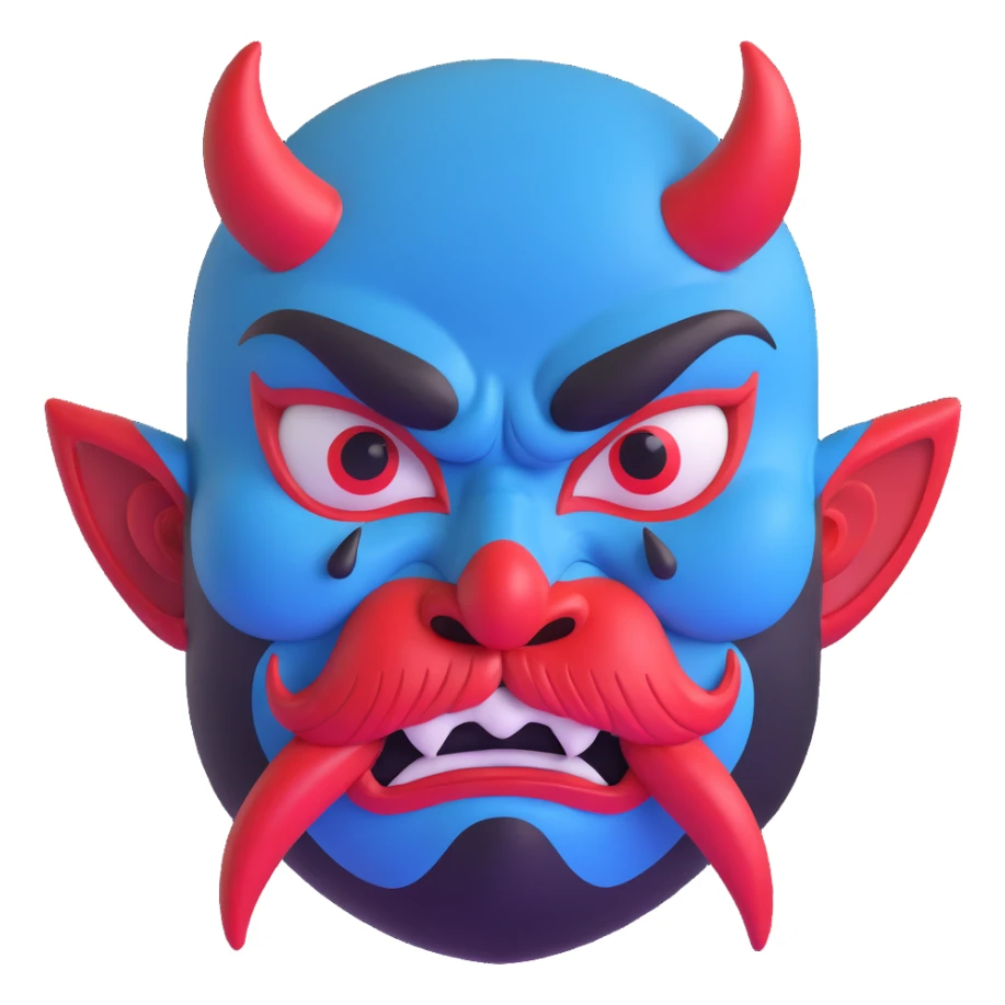 Japanese Tengu demon mask with thick black eyebrows, large cartoonish angry eyes, big curved red nose, black mustache, tongue sticking out, and blue sweat droplets on forehead sticker